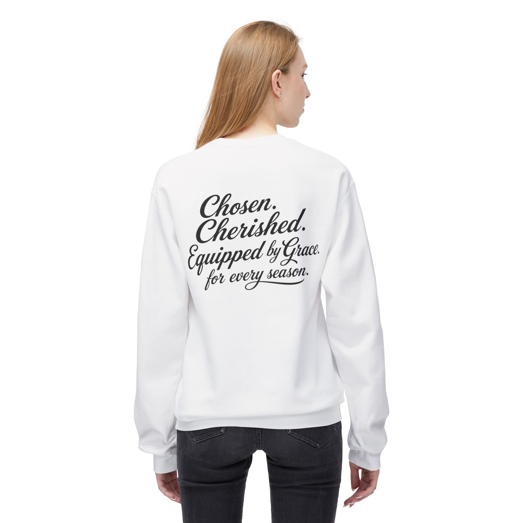 Daughter of the King Sweatshirt — Christian Faith Crewneck, "Chosen. Cherished. Equipped by Grace." Back Design