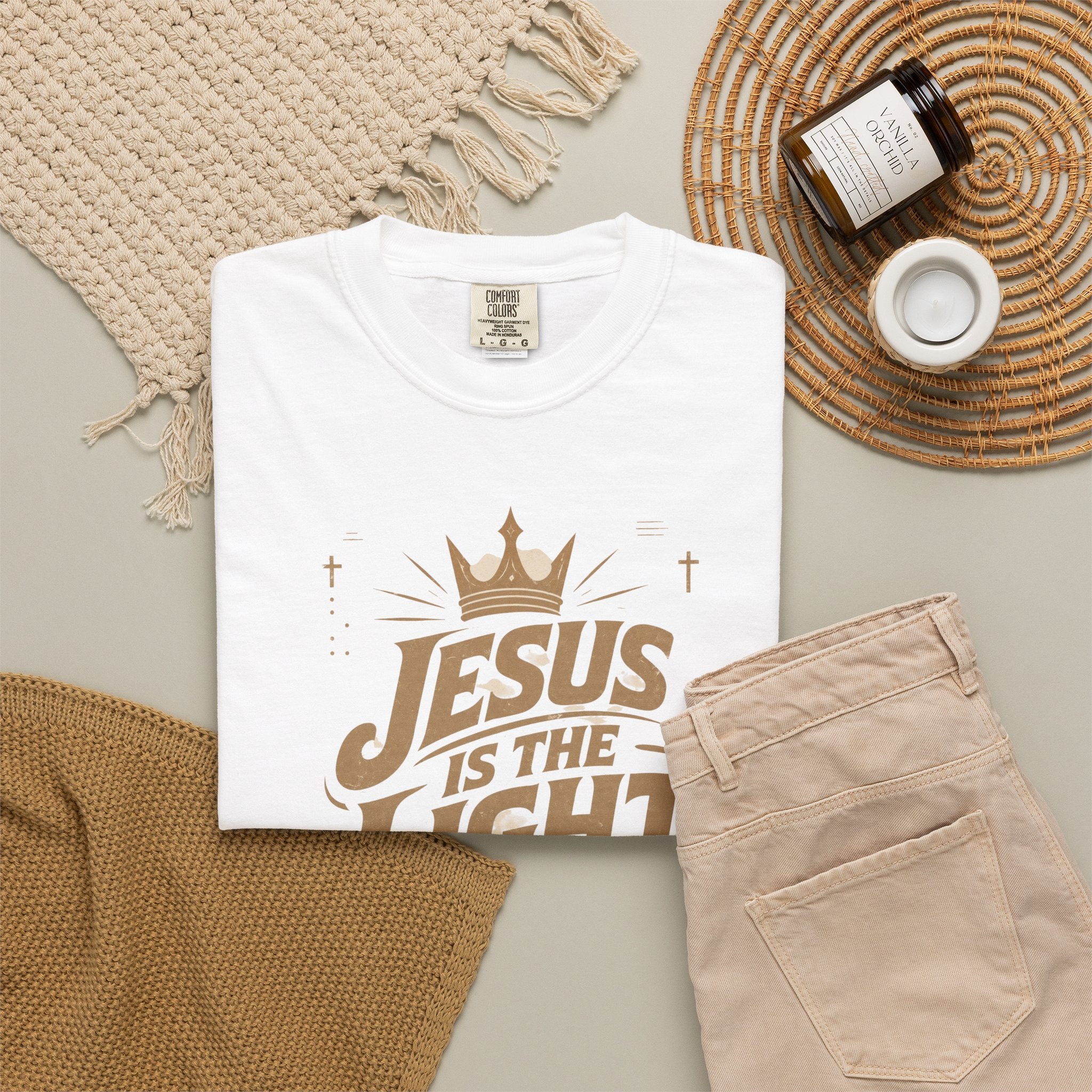 Jesus Is The Light T-Shirt, Christian Faith Tee, Religious Typography Shirt, Vintage Garment Dyed, Faith Based Gift, Sunday Church Tee
