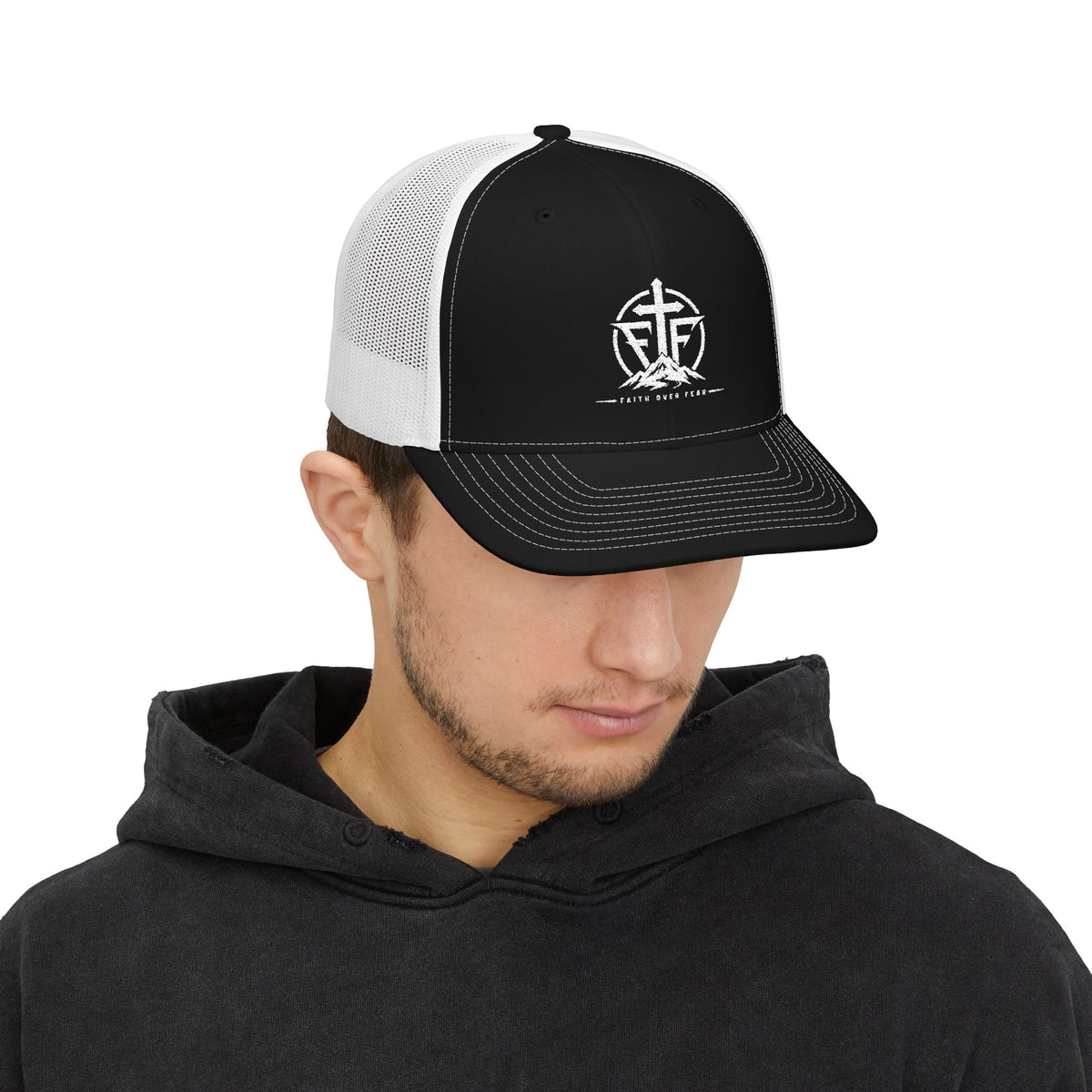 Faith Over Fear emblem Snapback Cap | Trucker Hat with Cross & Mountains