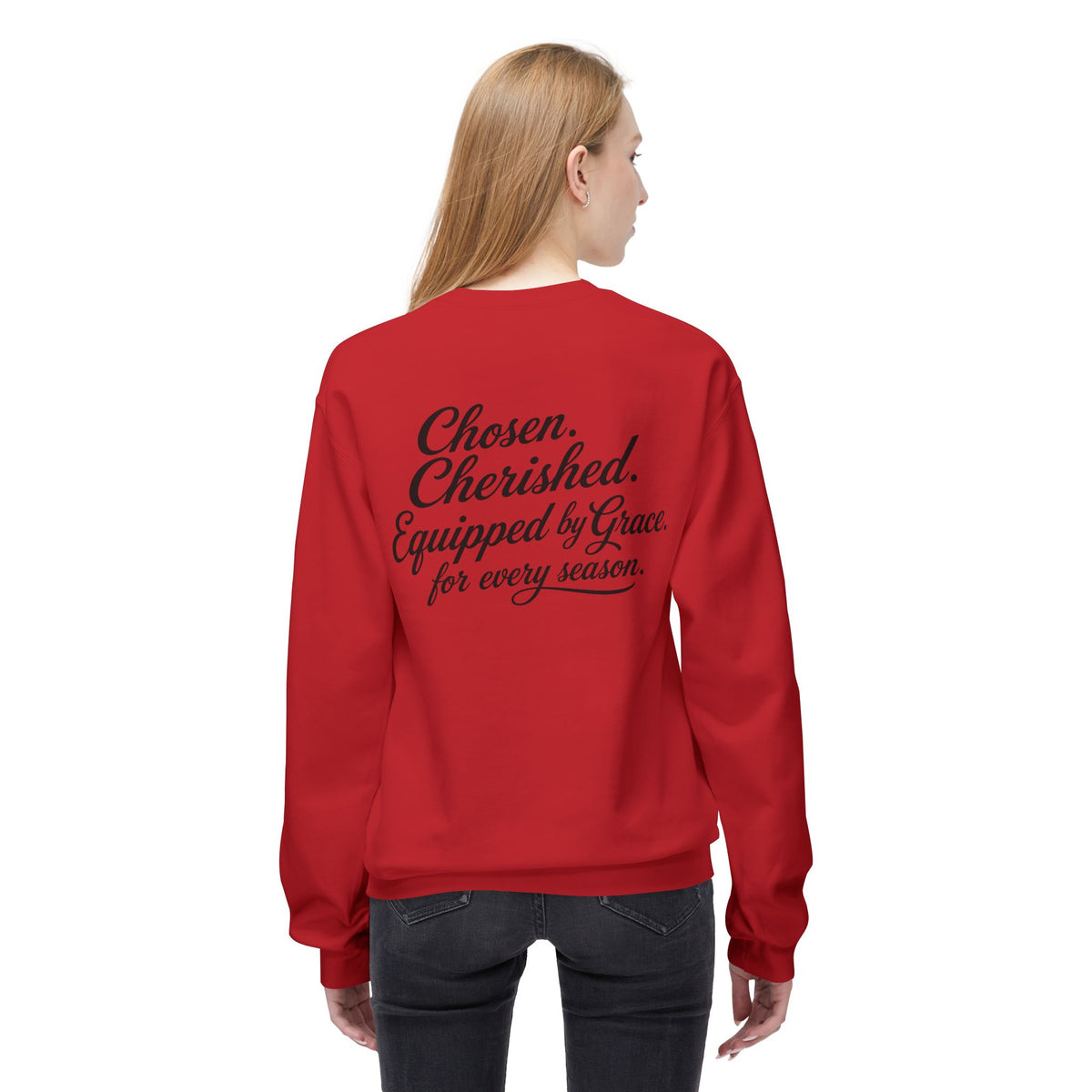 Daughter of the King Sweatshirt — Christian Faith Crewneck, "Chosen. Cherished. Equipped by Grace." Back Design