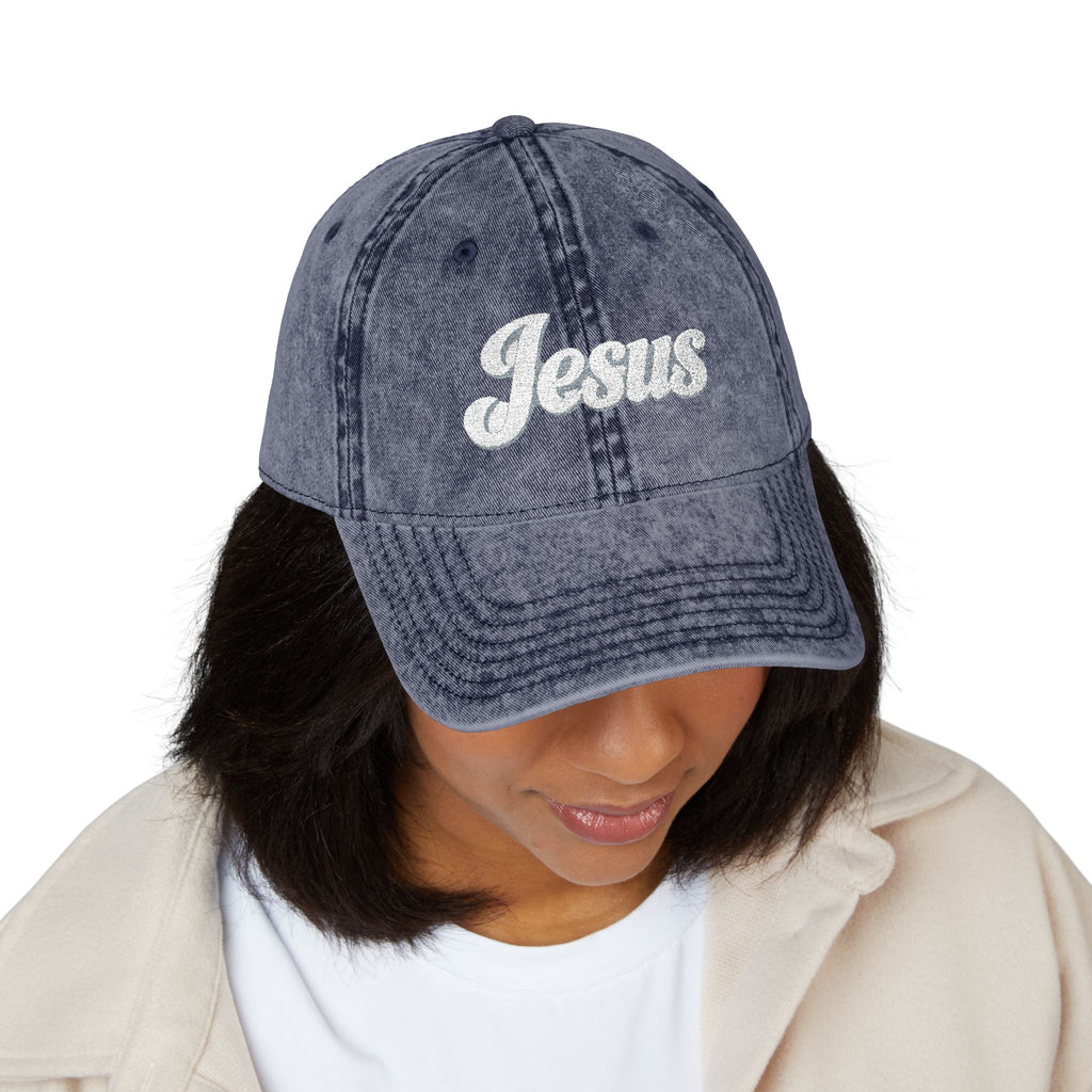 Vintage Embroidered 'Jesus' Cap – Distressed Gray Christian Baseball Hat