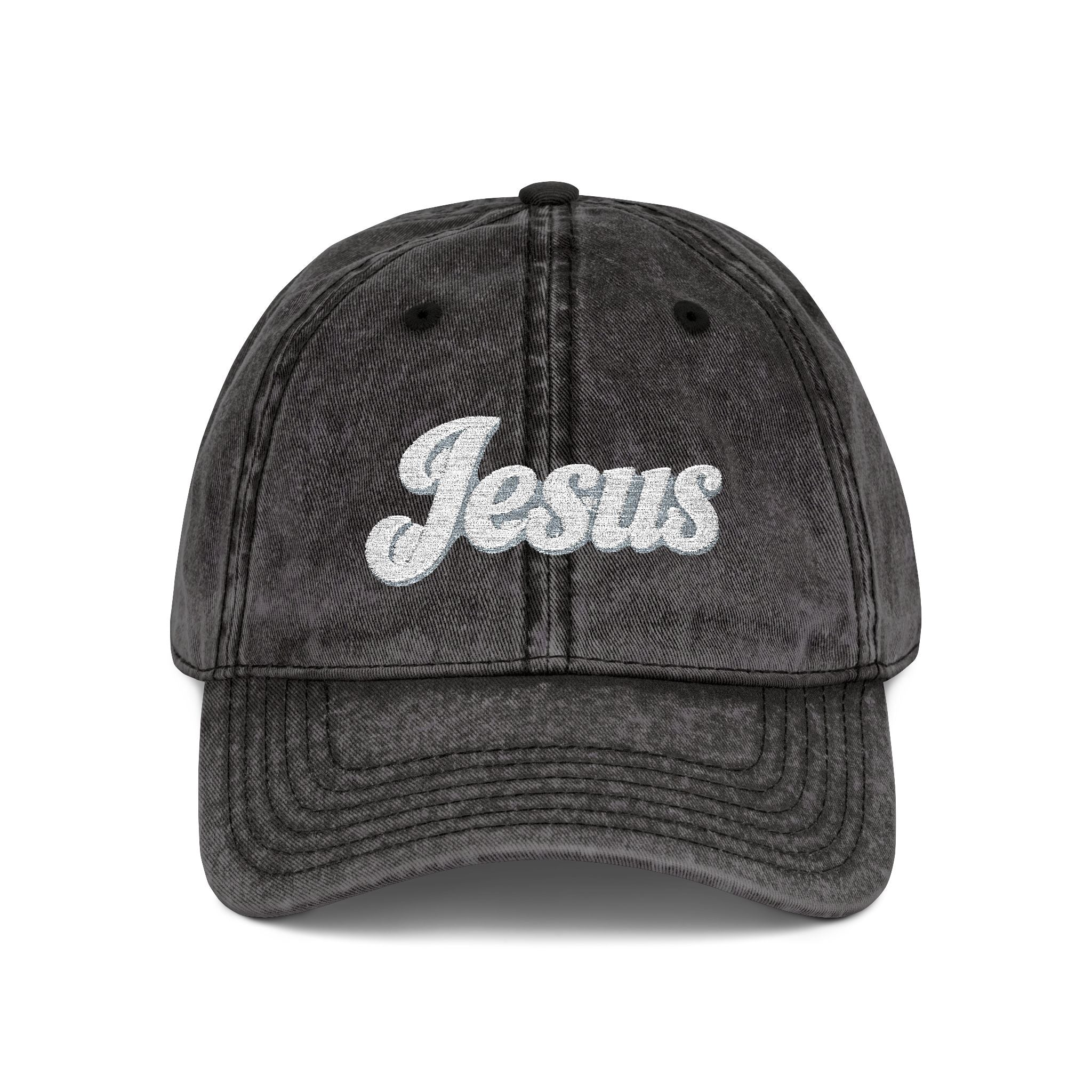 Vintage Embroidered 'Jesus' Cap – Distressed Gray Christian Baseball Hat