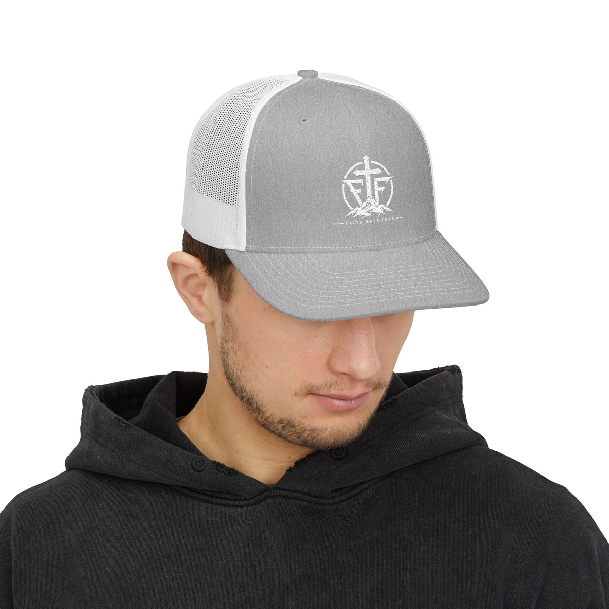 Faith Over Fear emblem Snapback Cap | Trucker Hat with Cross & Mountains