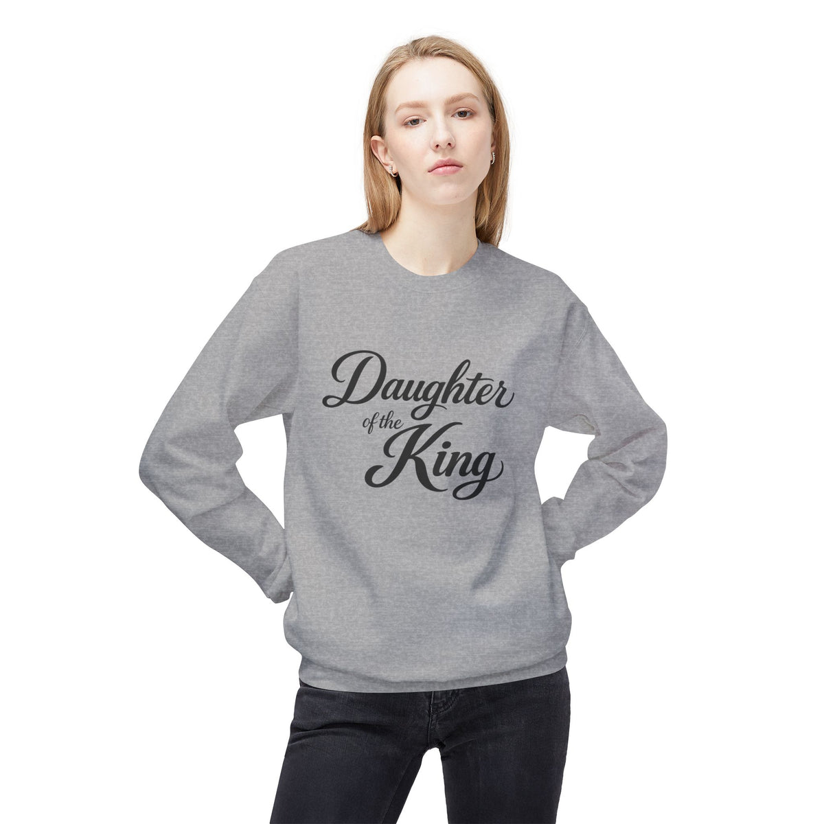 Daughter of the King Sweatshirt — Christian Faith Crewneck, "Chosen. Cherished. Equipped by Grace." Back Design