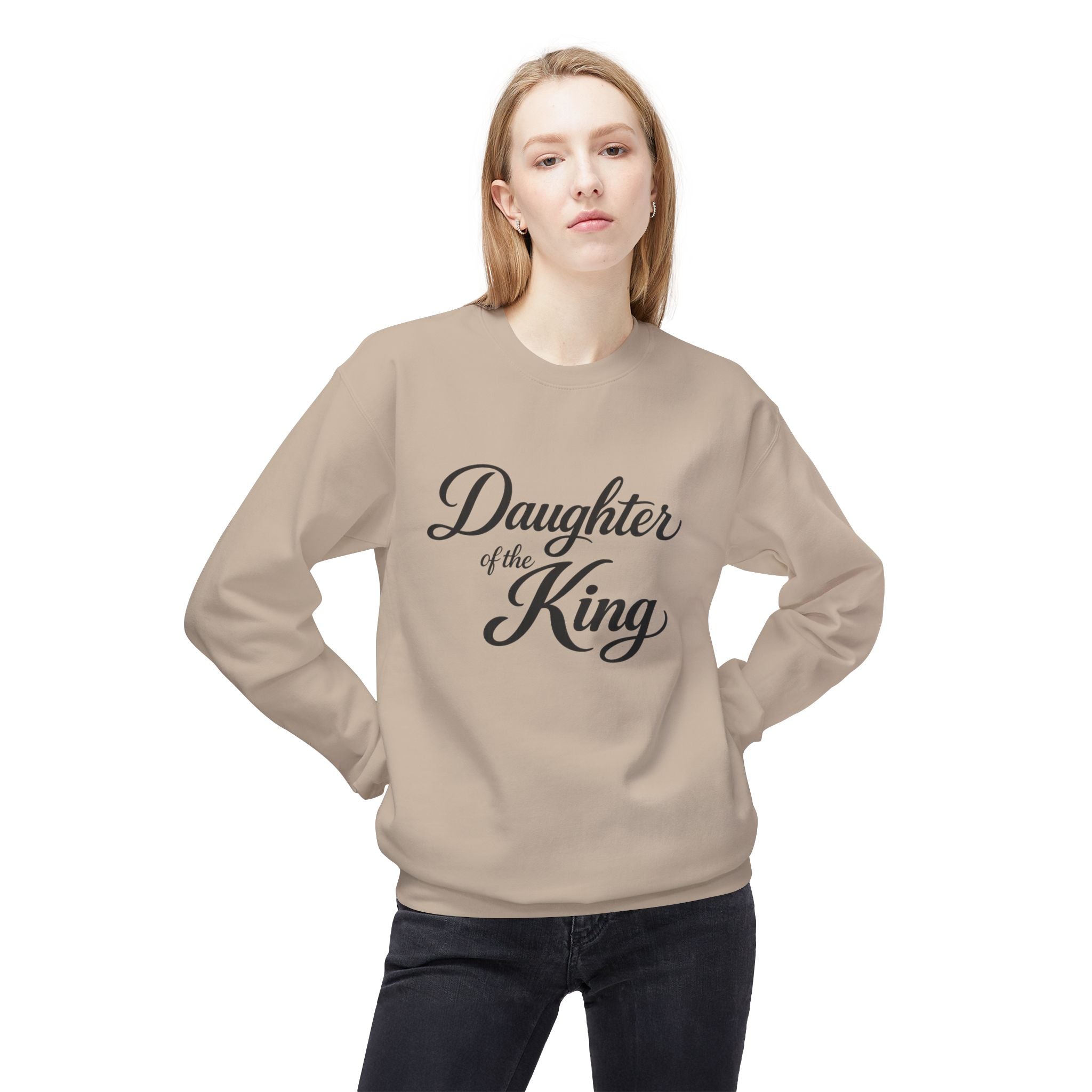 Daughter of the King Sweatshirt — Christian Faith Crewneck, "Chosen. Cherished. Equipped by Grace." Back Design
