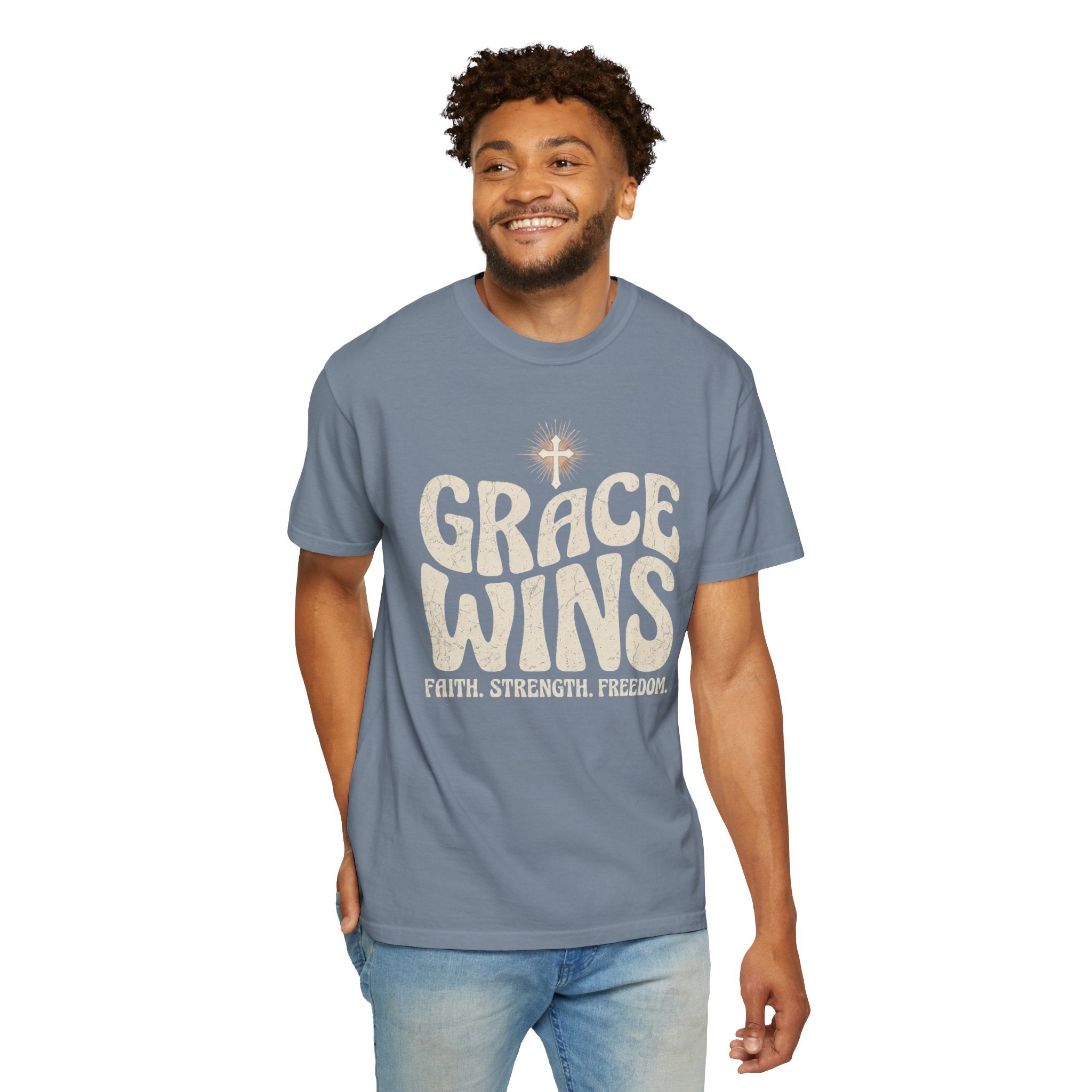 Grace Wins cross design T-Shirt | Faith Strength Freedom Christian tee