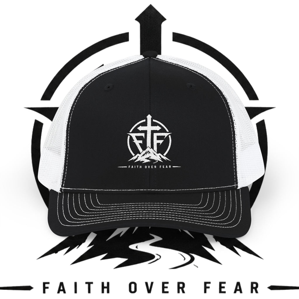 Faith Over Fear emblem Snapback Cap | Trucker Hat with Cross & Mountains