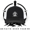 Faith Over Fear emblem Snapback Cap | Trucker Hat with Cross & Mountains
