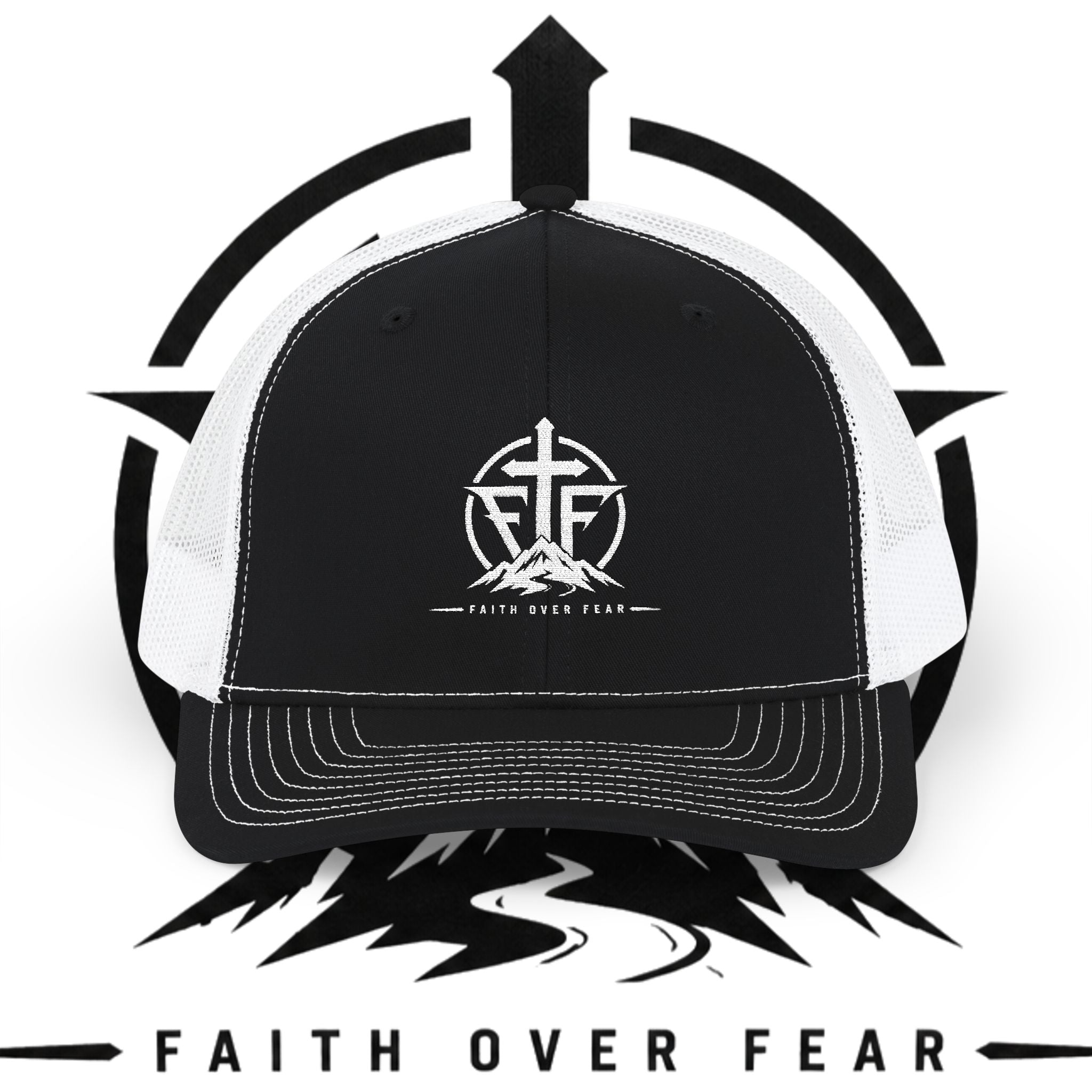 Faith Over Fear emblem Snapback Cap | Trucker Hat with Cross & Mountains