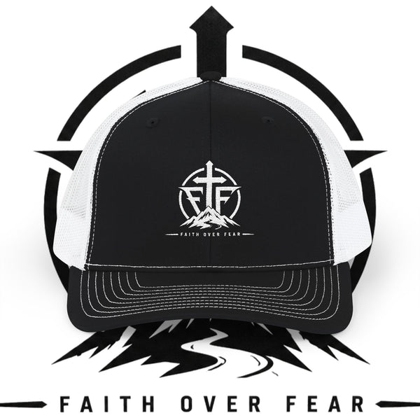 Faith Over Fear emblem Snapback Cap | Trucker Hat with Cross & Mountains