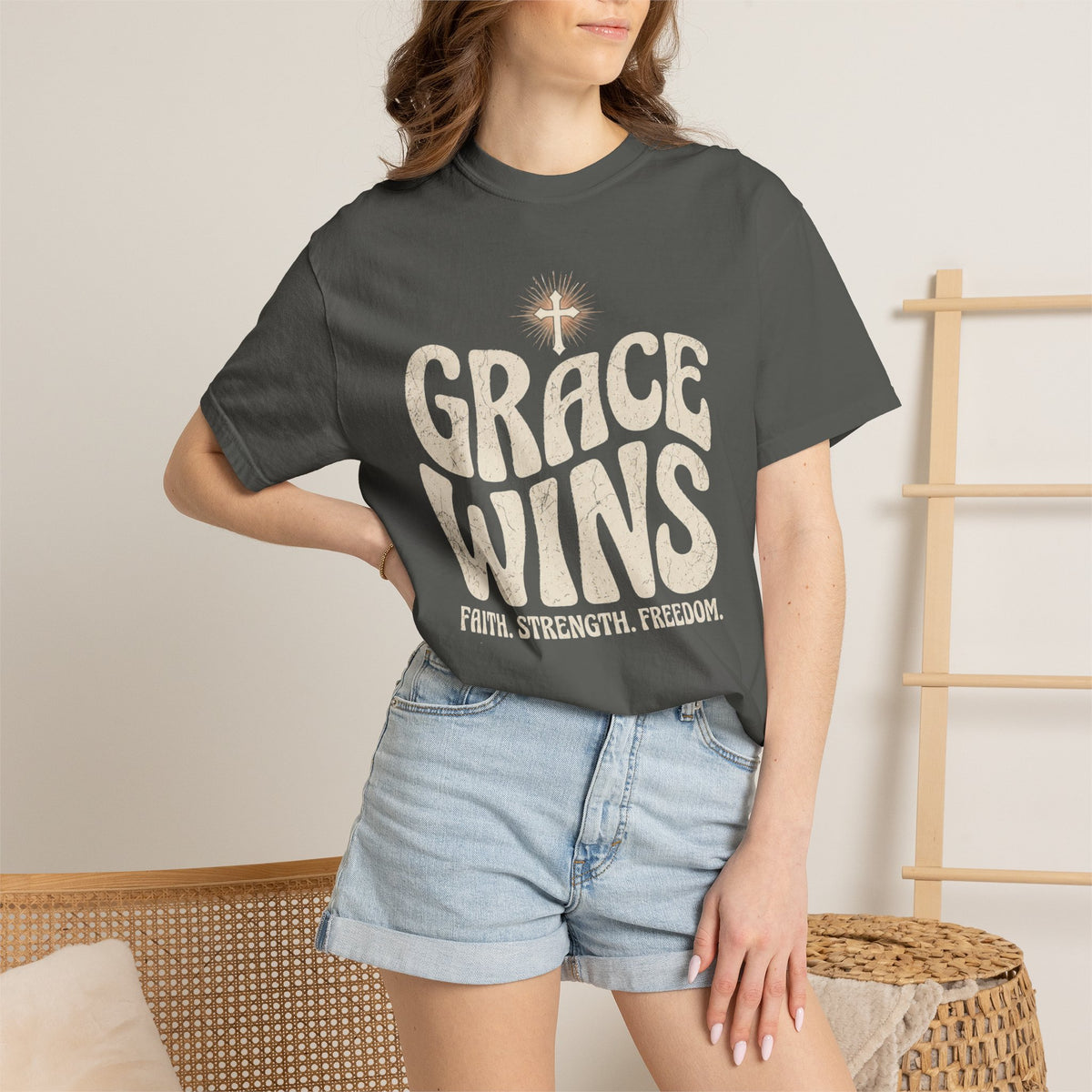Grace Wins cross design T-Shirt | Faith Strength Freedom Christian tee