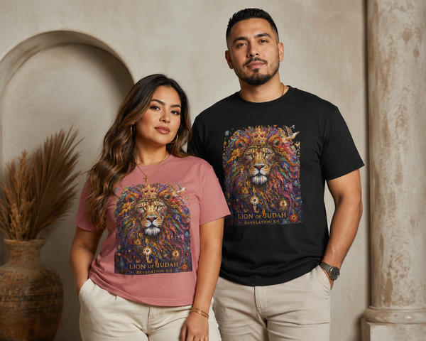 Lion of Judah tee | Colorful regal lion illustration, scripture text