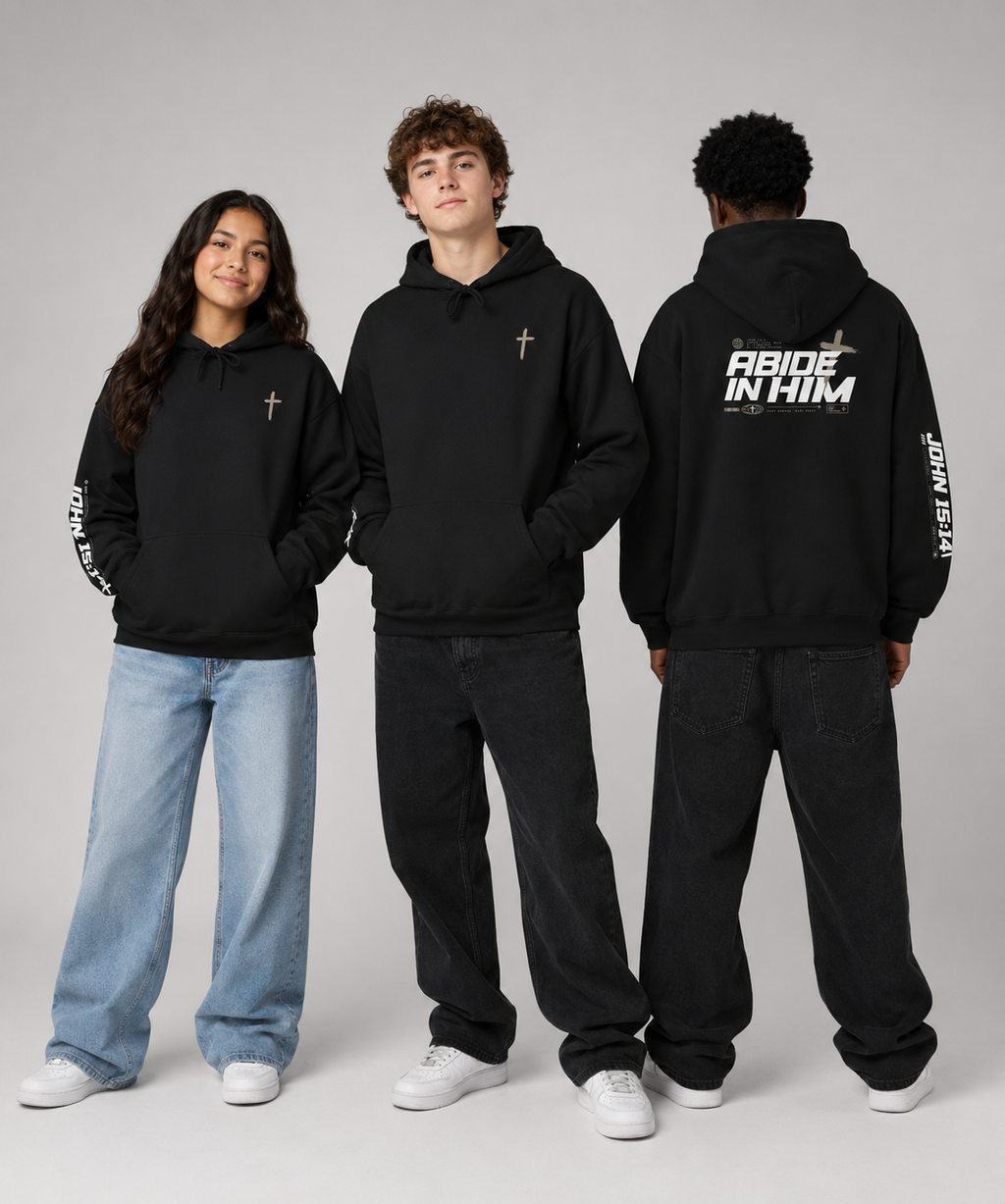 Abide in Him Hoodie — Christian Faith Cross Sweatshirt (John 15:4)