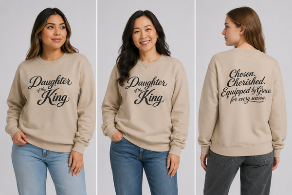 Daughter of the King Sweatshirt — Christian Faith Crewneck, "Chosen. Cherished. Equipped by Grace." Back Design