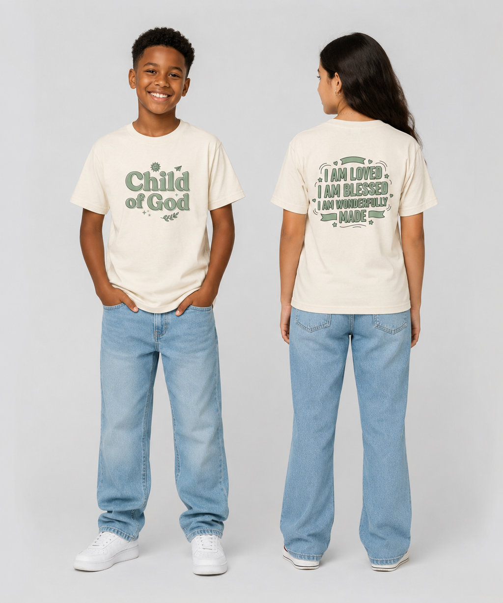 Youth Tee — "Child of God" Inspirational Christian Shirt ("I Am Loved, I Am Blessed" Back)