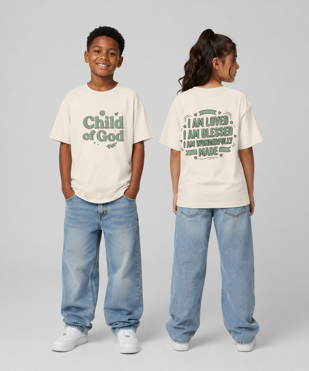 Youth Tee — "Child of God" Inspirational Christian Shirt ("I Am Loved, I Am Blessed" Back)