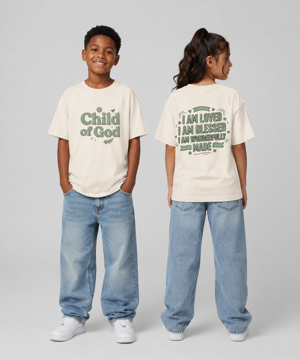 Youth Tee — "Child of God" Inspirational Christian Shirt ("I Am Loved, I Am Blessed" Back)