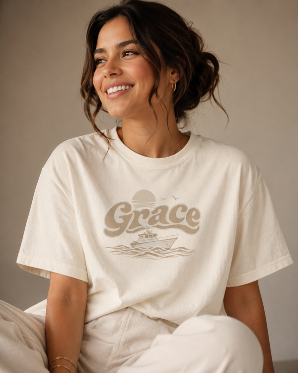 Grace Sunset boat graphic Tee | Boxy women's t-shirt
