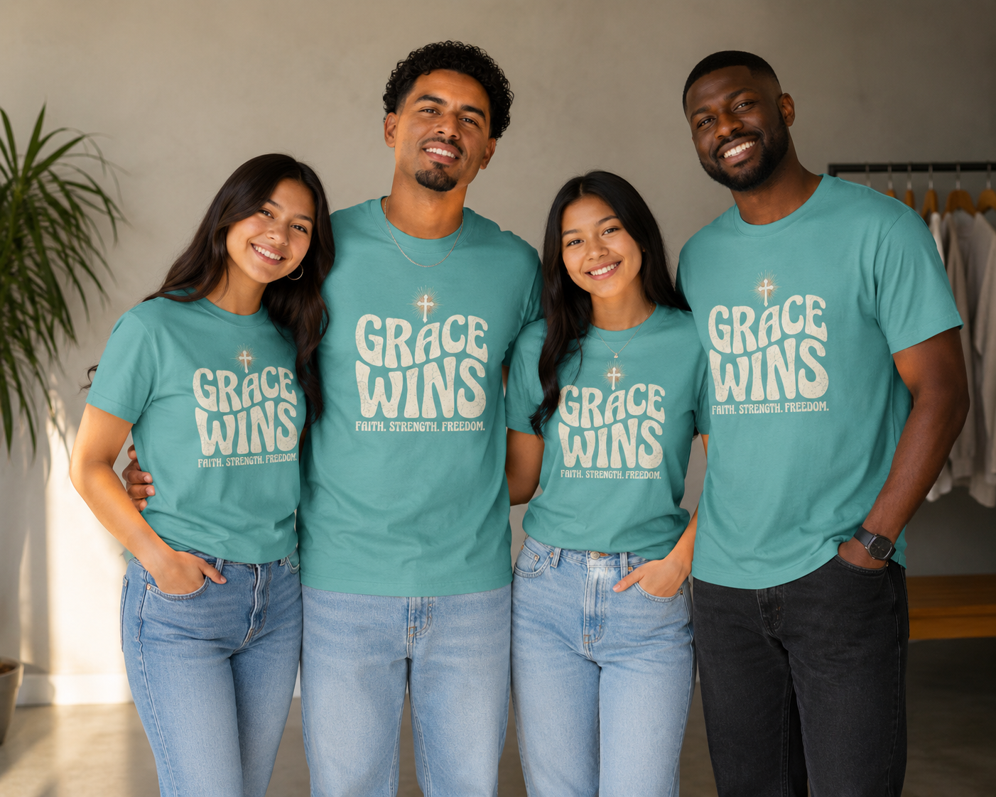 Grace Wins cross design T-Shirt | Faith Strength Freedom Christian tee