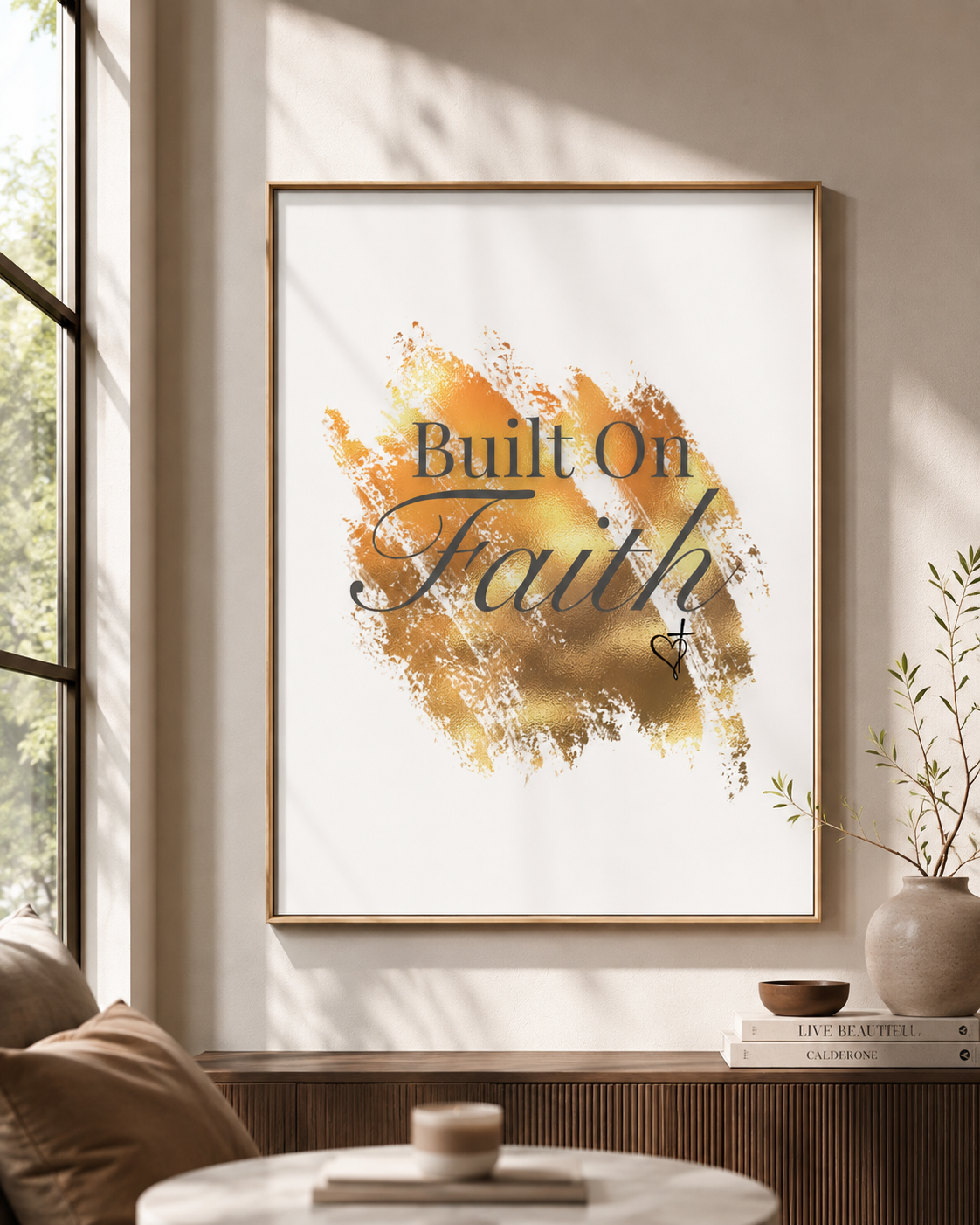 Built On Faith Poster | Gold Brushstroke Christian Wall Art