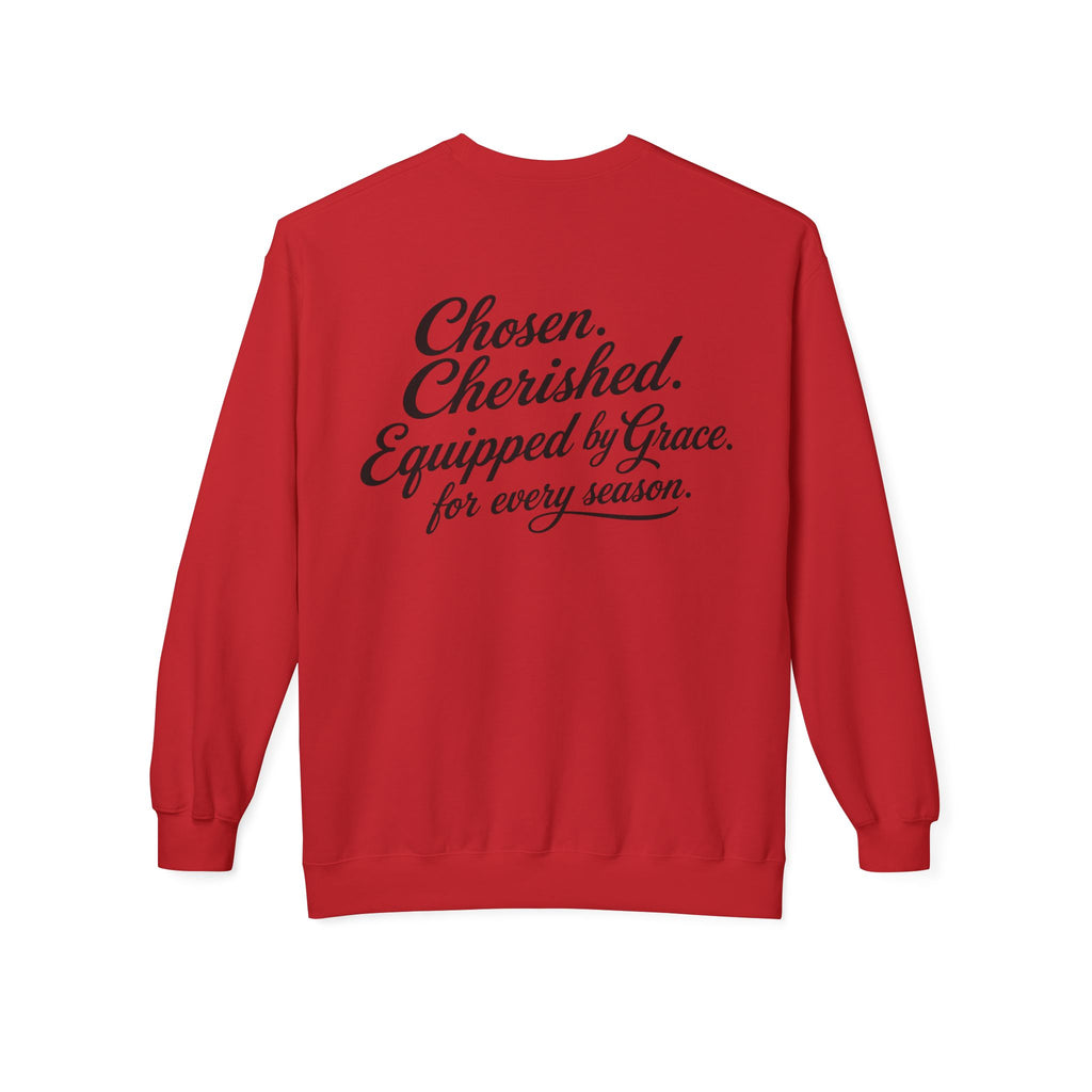 Daughter of the King Sweatshirt — Christian Faith Crewneck, "Chosen. Cherished. Equipped by Grace." Back Design