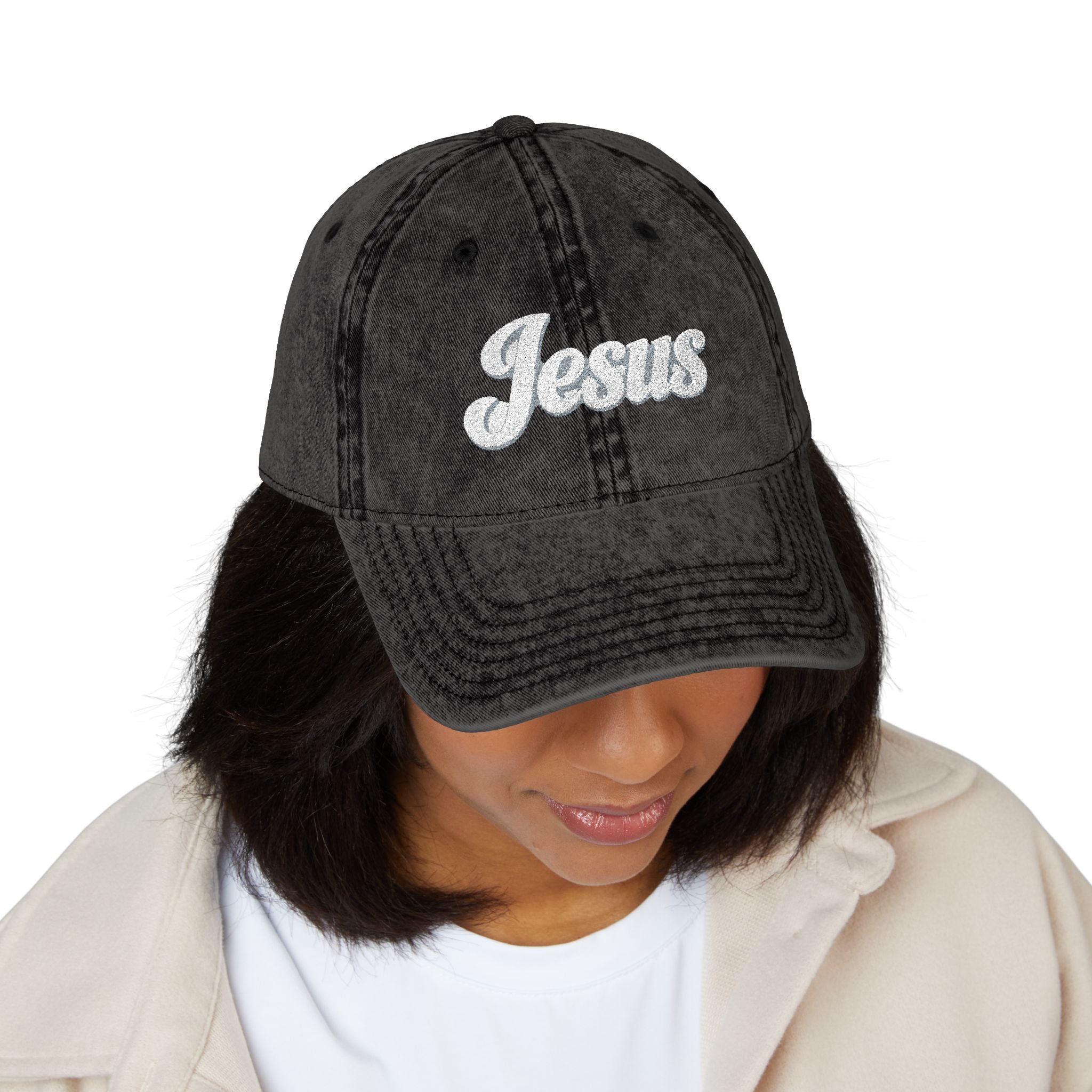 Vintage Embroidered 'Jesus' Cap – Distressed Gray Christian Baseball Hat