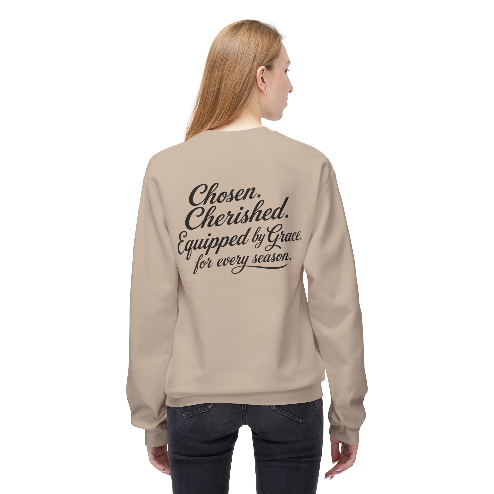 Daughter of the King Sweatshirt — Christian Faith Crewneck, "Chosen. Cherished. Equipped by Grace." Back Design