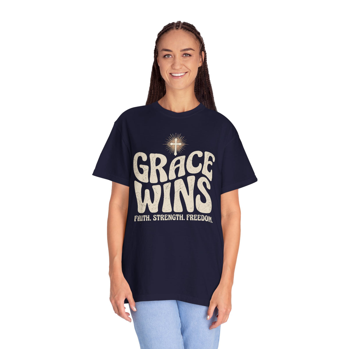Grace Wins cross design T-Shirt | Faith Strength Freedom Christian tee