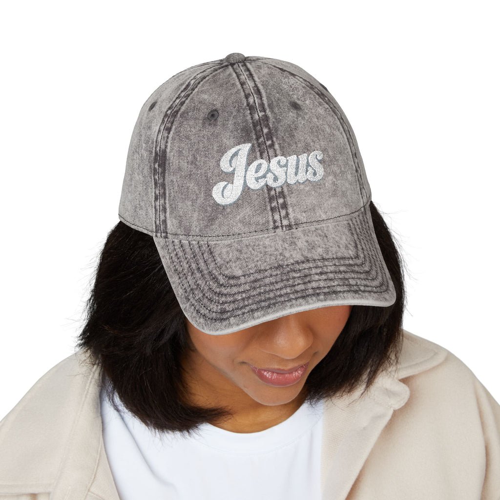 Vintage Embroidered 'Jesus' Cap – Distressed Gray Christian Baseball Hat