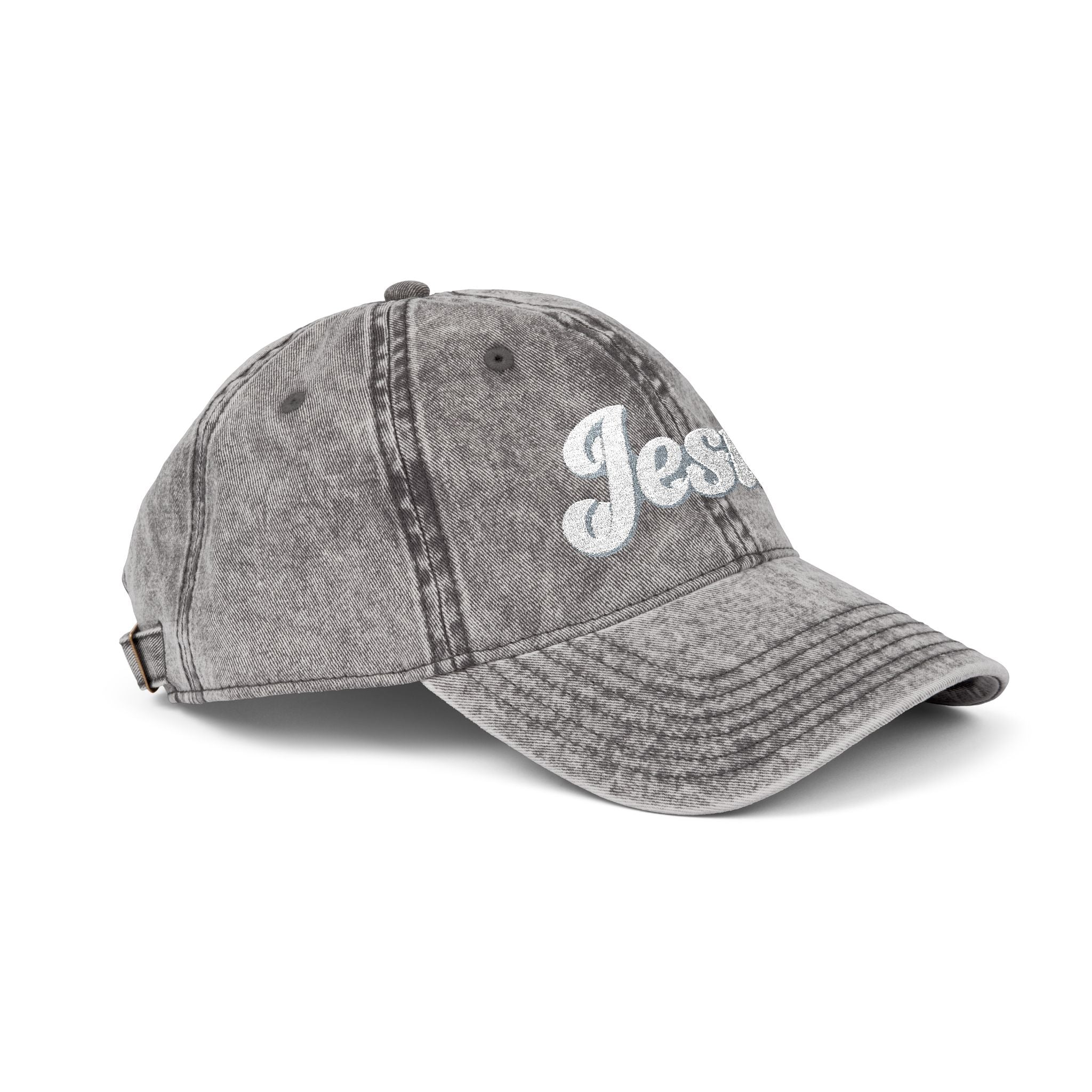 Vintage Embroidered 'Jesus' Cap – Distressed Gray Christian Baseball Hat